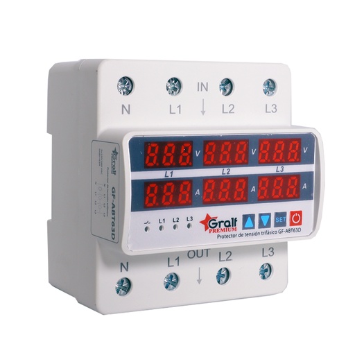 [7602] PROTECTOR DE TENSIÓN CONFIGURABLE TRIFÁSICO CON VOLTÍMETRO Y AMPERÍMETRO, 63A MAX